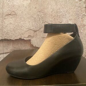 Clarks Black Leather Ankle Strap Wedges